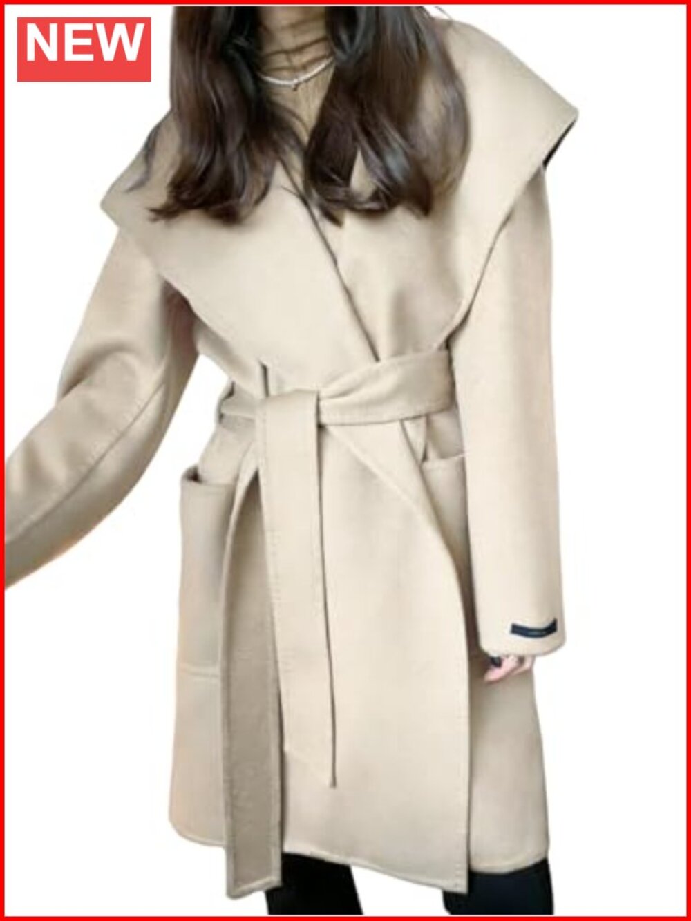 Women's Wool Blend Belted Trench Coat Hooded Midi Winter